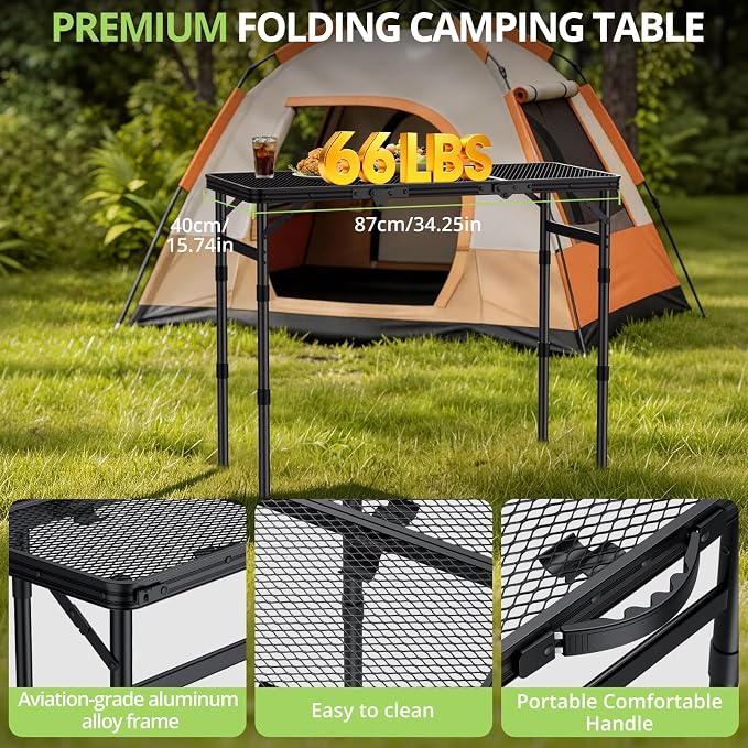 3ft Folding Grill Table, Heat-Resistant Tabletop 3 Heights 27.5" | Aluminum Camping Table, Waterproof & Easy to Clean, Lightweight, Portable Handle for Cooking BBQ Patio, 35" x 16", Black