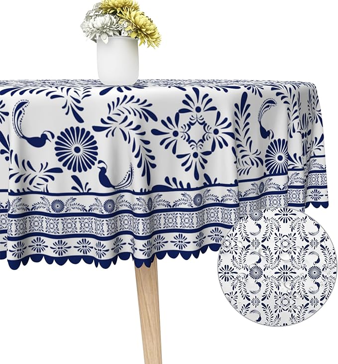 Ethnic Floral Circle Table Cloths 60 Inch Blue Flowers Plants Chic Wrinkle Oil-Proof Resistant Round Table Cover Folk Style Tablecloths for Indoor Outdoor Kitchen Dining Party Restaurant