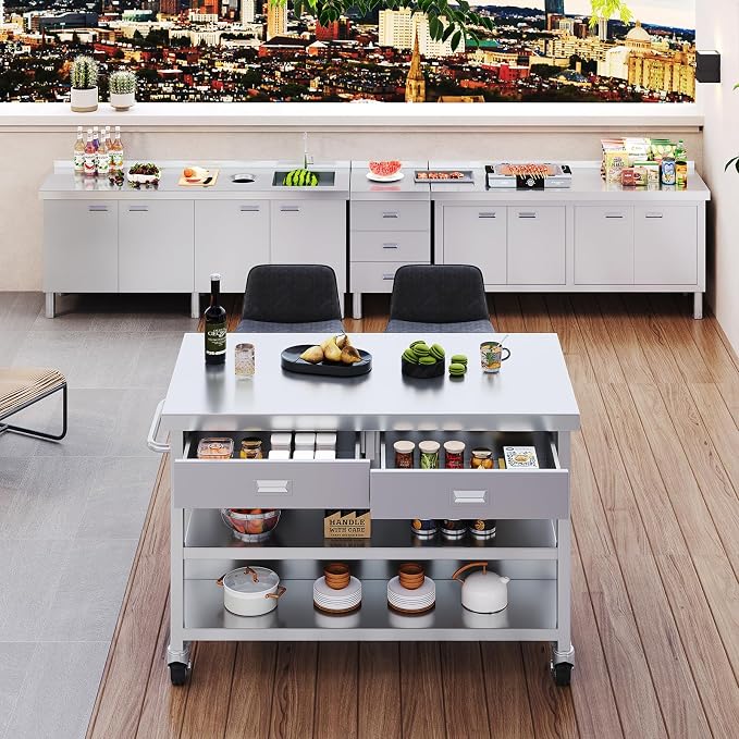 Stainless Steel Kitchen Island with Storage, Rolling Kitchen Island Cart on Wheels with 2 Drawers, Industrial Kitchen Cart, Commercial Portable Island for Kitchen, Bar, Outdoor Patio, 25 x 50 x 37 in