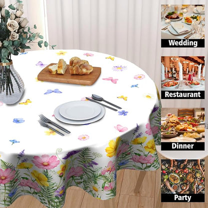 Sweetshow Spring Summer Colorful Floral Table Cloth Round Yellow Pink Purple Wildflowers Butterflies Tablecloth 70 Inch Decor Washable Stain and Wrinkle Spring Round Table Cover for Dining Picnic