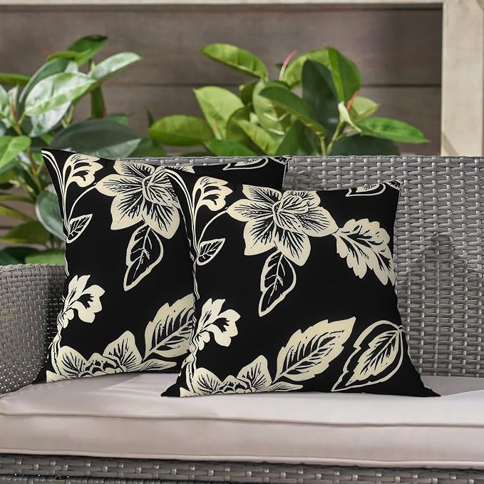 LVTXIII 2 Pack Outdoor Throw Pillow Covers for Patio Furniture, 16x16 Inch Square Pillow Case, Water-Repellent Cushion Covers for Garden, Porch, Sofa, Elegant Vines Black