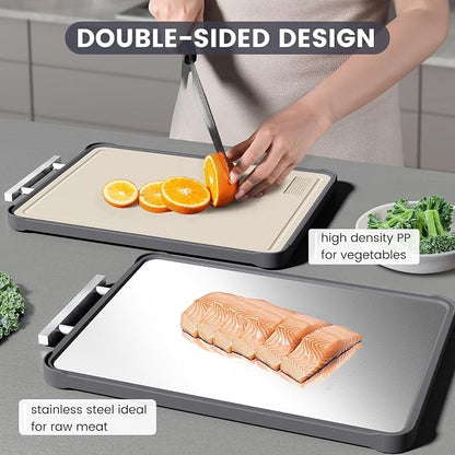 Kikcoin 17"×11" 304 Stainless Steel Cutting Boards for Kitchen, Dishwasher Safe Food Grade PP Double Sided Cutting Board, Extra Large Non-Toxic Chopping Board for Meat, Cheese & Charcuterie, Beige