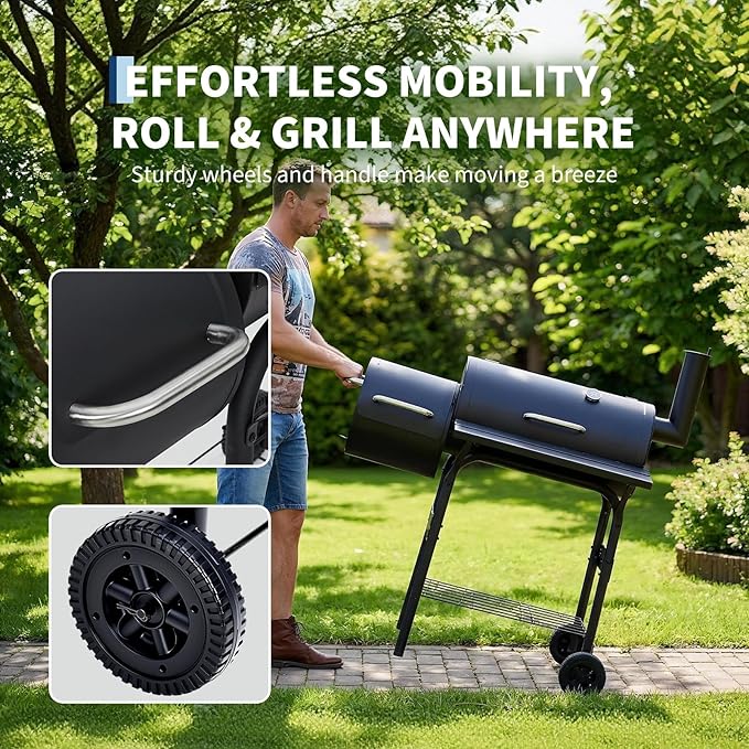 PeakPursuit Barrel Charcoal Grill with Offset Smoker, Portable Outdoor Barbecue Grills with Wheels, BBQ Grill and Smokers Combo for Backyard Patio Party Camping