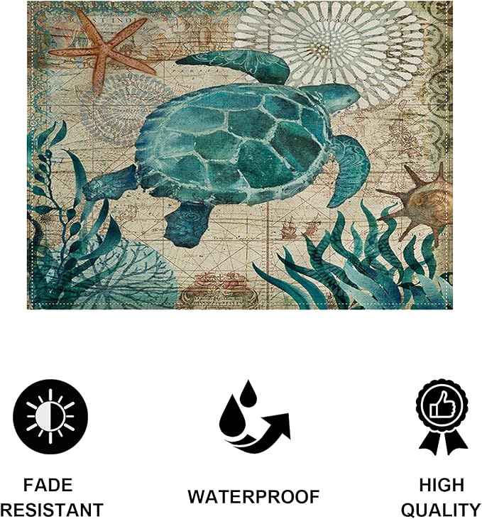 Sea Turtle Table Mats Set of 4 Beach Ocean Theme Placemats Waterproof Heat Resistant Washable Non-Slip Place Mats for Dinner Room Kitchen Decor Table 12”×16”