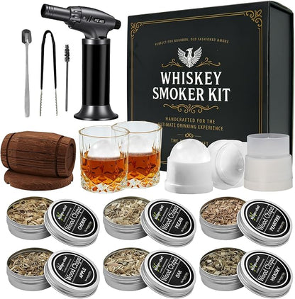 Enhanced Whiskey Smoker Kit with Torch – Old Fashioned Cocktail Smoker Infuser Set, 6 Wood Chip Flavors with Glasses & Ice Ball Molds – Gifts for Men, White Elephant & Stocking Stuffers (No Butane)