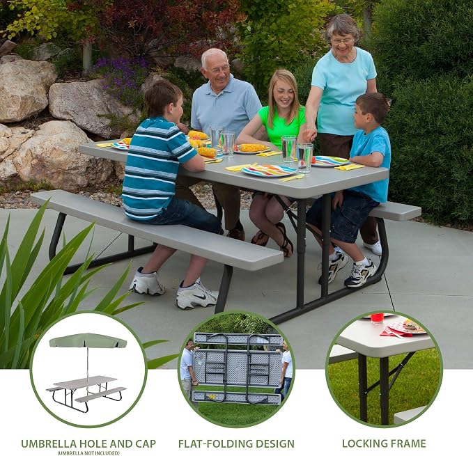 LIFETIME 6‑Foot Folding Picnic Table, Outdoor Portable Bench Seating for 8, UV‑Protected HDPE, Powder‑Coated Steel Frame, Stain‑Resistant, Folds Flat for Storage