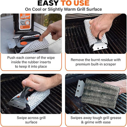 Proud Grill Q-Swiper BBQ Grill Cleaner Gift Bundle - 1 pc Bristle-Free Brush, 65 Moist Cleaning Wipes, 2 pcs Reusable Cloths - Safe Cleaner for Outdoor, Flat Top, Smoker, Griddle & Grates, BBQ Tools
