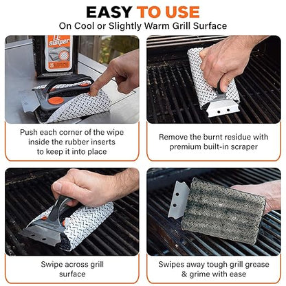 Proud Grill Q-Swiper BBQ Grill Cleaner Set - 1 Grill Brush with Scraper and 25 BBQ Grill Cleaning Wipes, Bristle-Free & Wire-Less, Safe Way to Remove Grease and Grime, Ideal Mens Birthday Gifts