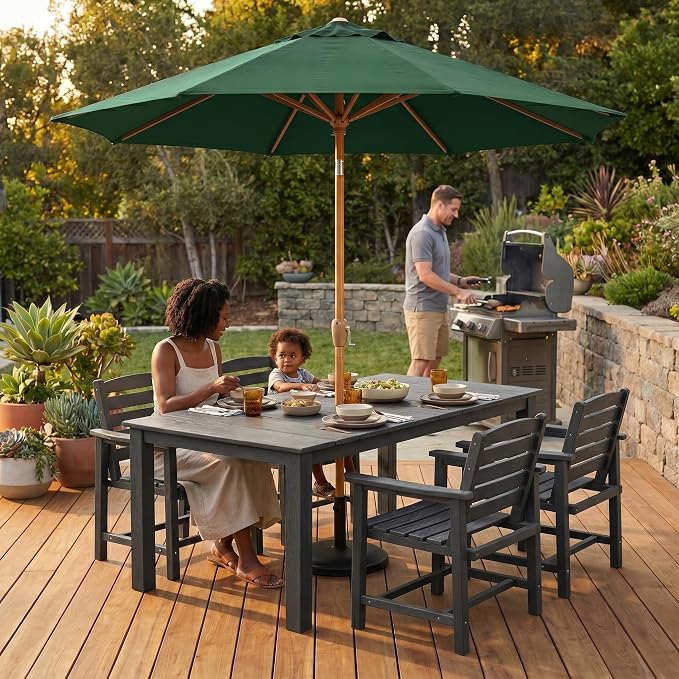9ft Outdoor Patio Umbrella, Market Table Umbrella with Crank and Easy Push Button Tilt, Wood Grain Frame, UPF 50+ for Pool, Garden, Deck, Backyard