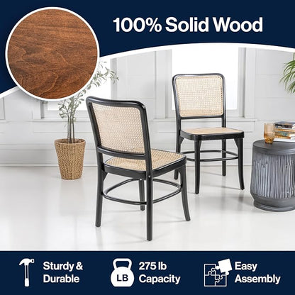 JONATHAN Y Colmar Mid-Century Black Mahogany Rattan Dining Chairs Set of 2 | For Kitchen And Home Office, Woven Cane Back, Armless Side Seating, Indonesian Solid Wood, Vintage Bohemian Style