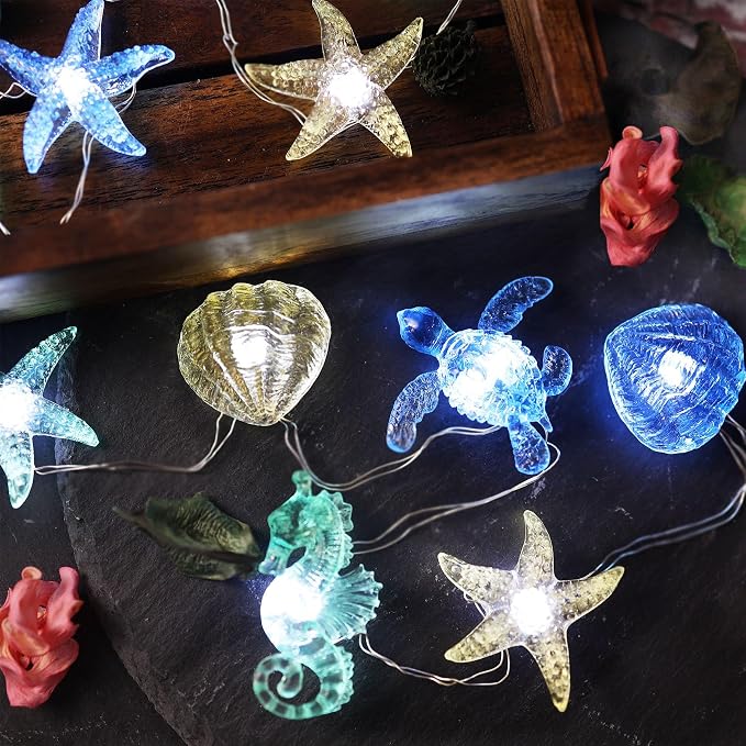 Solar String lights Outdoor Decorative Fairy Solar Lights for Outside Garden Décor Waterproof Sea life Turtle Seahorse Starfish Ocean Nautical Balcony Patio Lights 40LED 14ft Yard Fence Window Decor