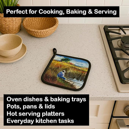 Caroline's Treasures JMK1274PTHD Fishing on The Bank Pair of Pot Holders Kitchen Heat Resistant Pot Holders Sets Oven Hot Pads for Cooking Baking BBQ, 7 1/2 x 7 1/2
