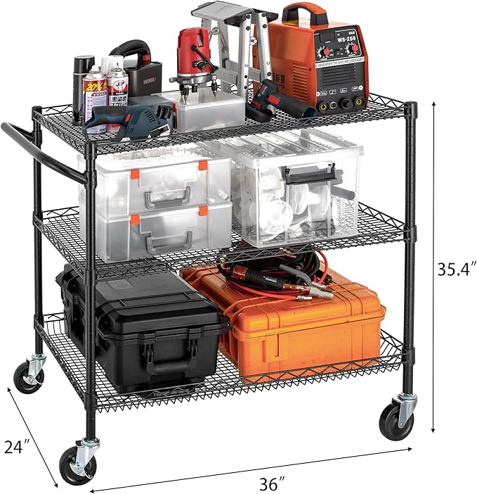 Finnhomy 3 Tier Heavy Duty Commercial Grade Utility Cart, Wire Rolling Cart with Handle Bar, Steel Service Cart with Wheels, Kitchen Carts on Wheels, Metal Cart Shelf Size 24" D x 36" W, NSF, Black