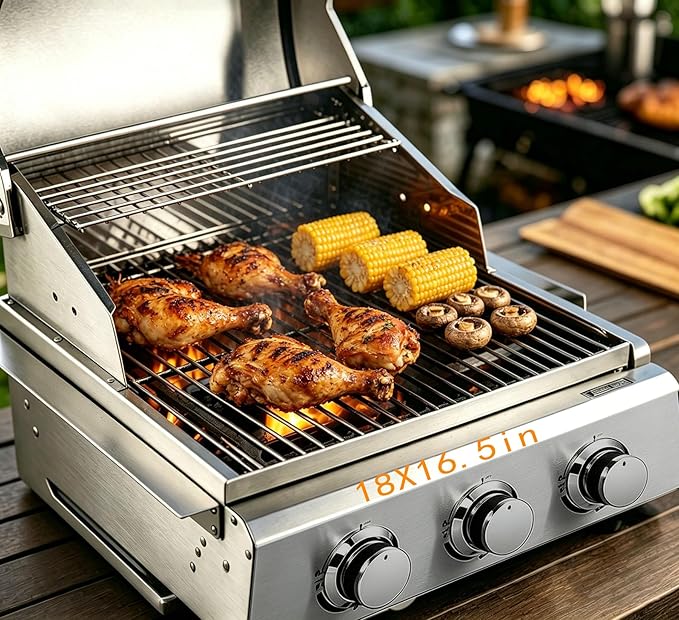 3 Burner Built In Gas Grill, Stainless Steel Propane Grill, 30,000 BTUs,Dual Fuel Compatibility(Propane/Natural), Gas Grill Outdoor Cooking