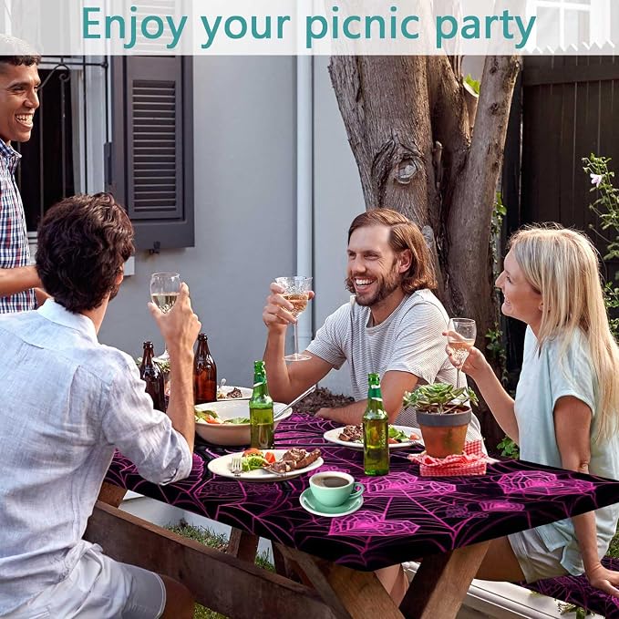 Picnic Table Cover with Bench Covers, Camping Essentials, Spider Web Outdoor Camping Table Cover Waterproof Camping Tablecloth with Elastic Edges Fitted Rectangle Tables and Seats, 3PCS, 30x60 Inch