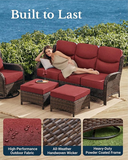 HILLGA Luxury Outdoor Furniture High Back Patio Sofa, Oversized 3-Seater Couch with 6'' Thick Cushions, Ideal for Porch, Poolside, Deck, and Yard (Burgundy)