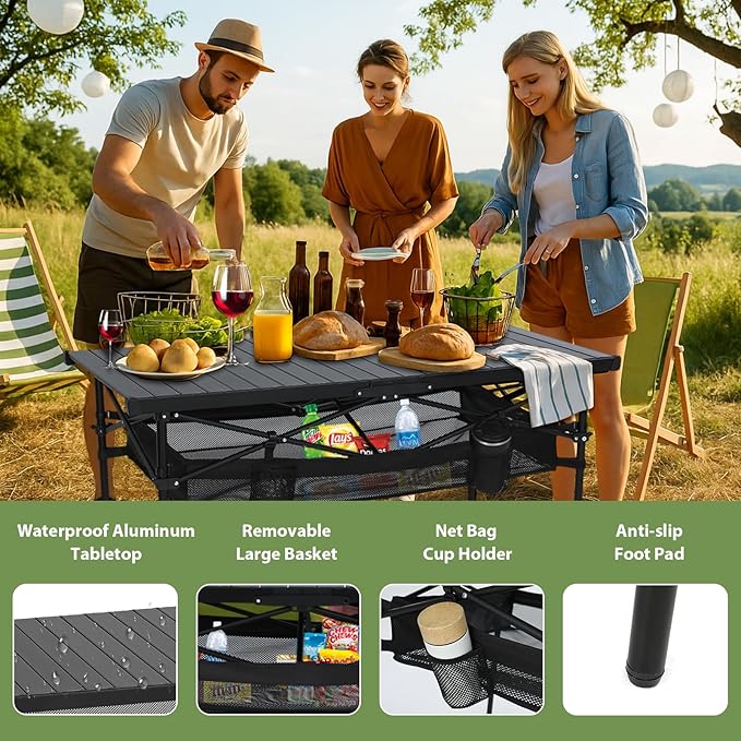 Nice C Portable Aluminum Roll-Up Top Folding Camping Table (Black) | Lightweight Collapsible Table, Mesh Net, Cup Holder, Steel Frame, Carry Bag, Outdoor, Indoor, Sports, Picnic, BBQ