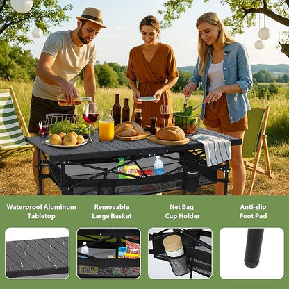 Nice C Portable Aluminum Roll-Up Top Folding Camping Table (Black) | Lightweight Collapsible Table, Mesh Net, Cup Holder, Steel Frame, Carry Bag, Outdoor, Indoor, Sports, Picnic, BBQ