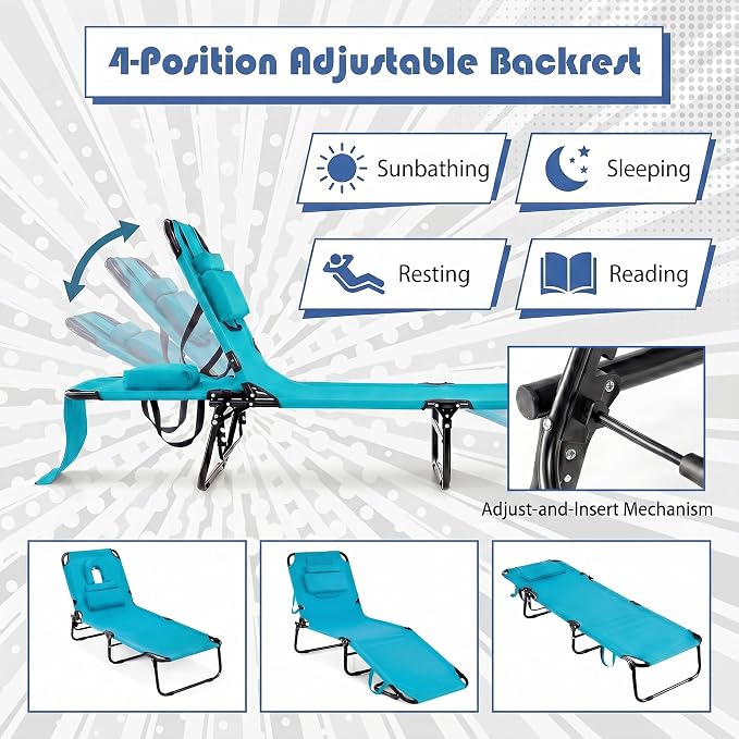 Goplus Tanning Chair, Folding Beach Lounge Chair with Face Hole, Removable Pillow, Carry Strap, Position Adjustable, Sunbathing Chair, Portable Outside Lounge Chair for Patio Pool
