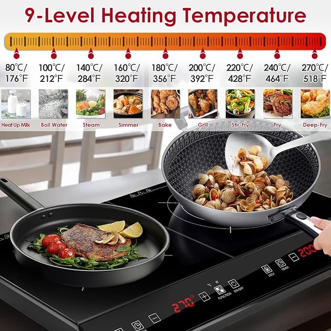 Double Induction Cooktop, 4000W Hot Plate Electric Stove for Countertop Portable 2 Burner Induction Cooktop with 9 Levels Settings, Child Safety Lock & Timer