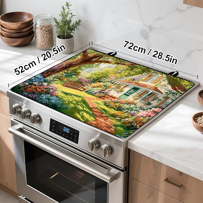 Happy Easter Stove Top Cover Flower Eggs Cute Rabbit Gas Stove Top Cover for Home Decoration Kitchen St. Patrick Day Pad Non-Stick Washable Cooktop Covers Countertop Protector (house, 28" x 20")