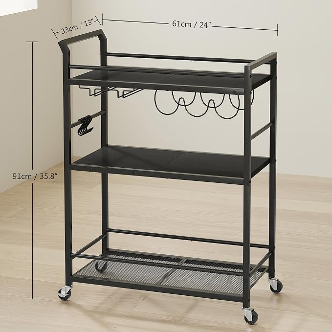 3 Tier Bar Cart, Small Beverage Cart, Mini Bar Cart with Wine Rack, Home Bar Serving Cart with Wheels for Kitchen Dining Living Room (Black, General) GBC507B