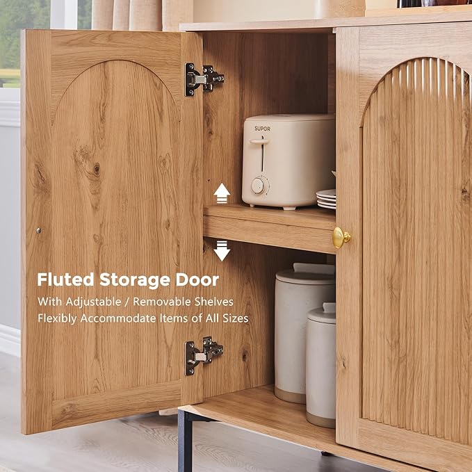 IFBUY Modern Sideboard Buffet Cabinet, 92.63" W Fluted Arched Buffet Cabinet with Storage and Adjustable Shelves, Wooden Modular Coffee Bar Cabinets for Kitchen, Entryway, Natural
