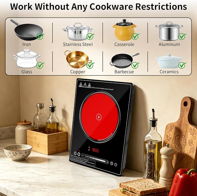Single Burner Electric Cooktop,110V 1800W portable cooktop,Electric Stove Top with LED Knob Control,10 Power Levels, 2HTimer, Safety Lock, portable cooktop Overheat protection
