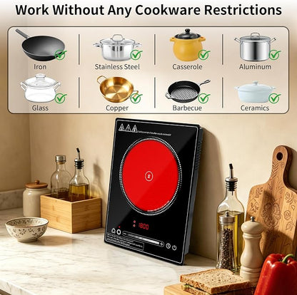 Single Burner Electric Cooktop,110V 1800W portable cooktop,Electric Stove Top with LED Knob Control,10 Power Levels, 2HTimer, Safety Lock, portable cooktop Overheat protection