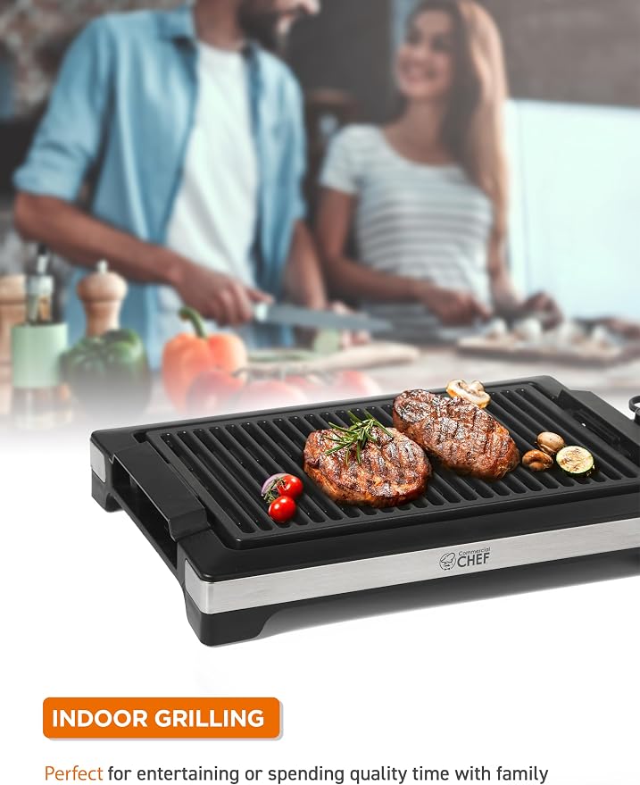 Commercial Chef Indoor Electric Grill, CHIG20B, Black and Stainless Steel | Portable Grill for Tabletop, Countertop or Kitchen, 1600W, 14.7” x 9.8” Nonstick Plate, Adjustable Temperature Control