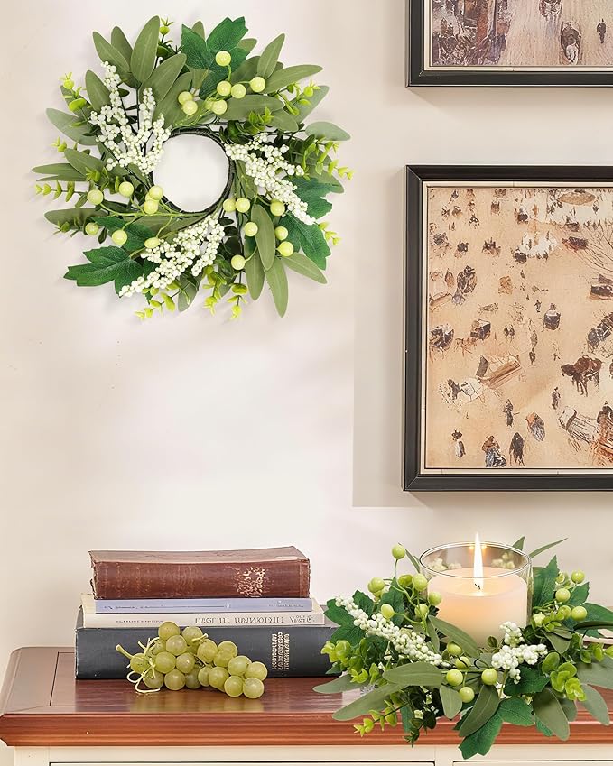 Vlorart 2 Pcs 12inch Eucalyptus Wreaths, Artificial Farmhouse Green Wreath with Boxwood Leaves and Mixed Berries, Mini Wreaths for Front Door, Wall, Window, Cabinet, Wedding, Indoor Outdoor All Season