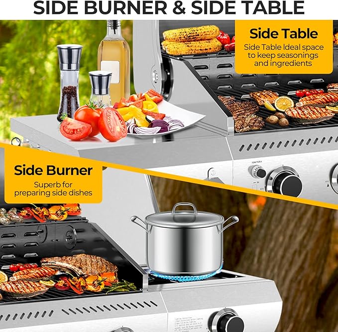 Electactic 3-Burner Propane Gas Grill with Side Burner – 34,000 BTU Stainless Steel Outdoor BBQ Grill, Cast Iron Grates, Portable with Wheels for Patio, Camping