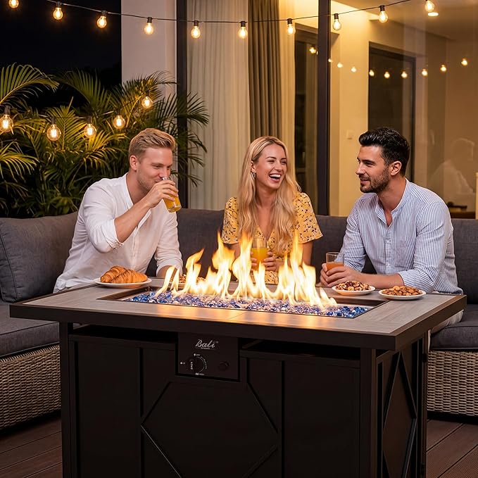 BALI OUTDOORS 42 inch Propane Fire Pit Patio Outdoor Fire Pit Table Large Black Firepits for Outside Rectangular