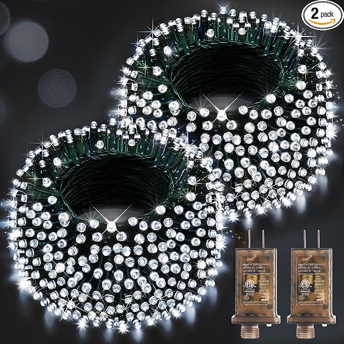 Hezbjiti 2 Pack 1000 LED 403 FT Christmas String Lights Outdoor, 8 Lighting Modes IP44 Waterproof Fairy Lights with Timer and Dimmable Function for Party Tree Decorations (Cold White, Green Wire)