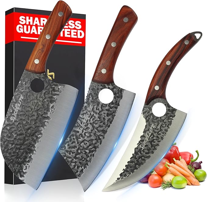 SliceElite Heritage Forge 3 Piece Butcher Knife Set Serbian Chef Meat Cleaver Viking Knife High Carbon Stainless Steel Full Tang Sandalwood Handle BBQ Grilling Camping Cooking Gift Set For Men & Women