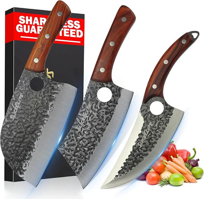 SliceElite Heritage Forge 3 Piece Butcher Knife Set Serbian Chef Meat Cleaver Viking Knife High Carbon Stainless Steel Full Tang Sandalwood Handle BBQ Grilling Camping Cooking Gift Set For Men & Women