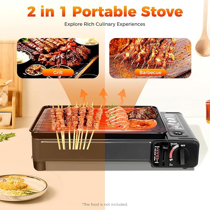 Portable Butane Stove Compact Gas-Grill Stove with Grilling Net & Storage Case, 0.25-0.3MPa Tabletop BBQ for Camping, Outdoor Cooker, Home