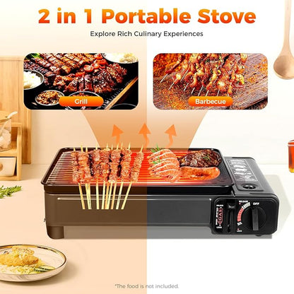 Portable Butane Stove Compact Gas-Grill Stove with Grilling Net & Storage Case, 0.25-0.3MPa Tabletop BBQ for Camping, Outdoor Cooker, Home