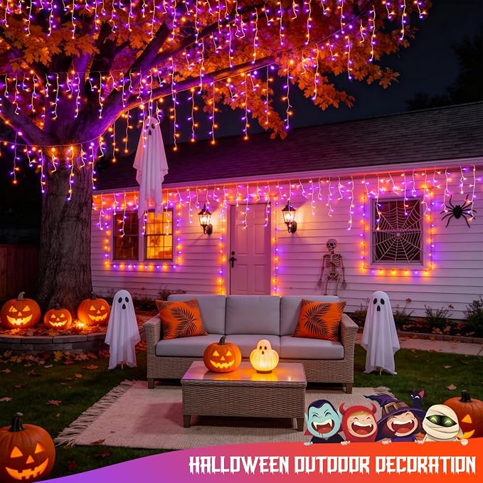 JMEXSUSS Orange and Purple Halloween Lights Outdoor, 400 LED 38.8 FT | Connectable Icicle Light Outdoor Waterproof, 8 Modes Halloween Lights Plug in for House Christmas Party Decorations