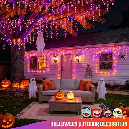 JMEXSUSS Orange and Purple Halloween Lights Outdoor, 400 LED 38.8 FT | Connectable Icicle Light Outdoor Waterproof, 8 Modes Halloween Lights Plug in for House Christmas Party Decorations