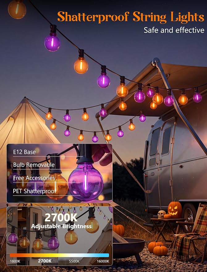 50FT Halloween String Lights Outdoor - G40 Purple and Orange String Lights | 25 Shatterproof LED Bulbs, IP65 Waterproof Dimmable Connectable Globe String Lights for Patio Porch Yard Decor