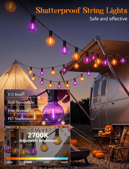 50FT Halloween String Lights Outdoor - G40 Purple and Orange String Lights | 25 Shatterproof LED Bulbs, IP65 Waterproof Dimmable Connectable Globe String Lights for Patio Porch Yard Decor