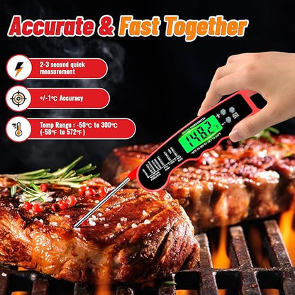 Meat Thermometer Digital, Instant Read Digital Meat Thermometer | IP67 Waterproof, Backlight, Hold Function, Magnet, LED screen, for Kitchen, Beef, Grill, BBQ, Candy, Turkey