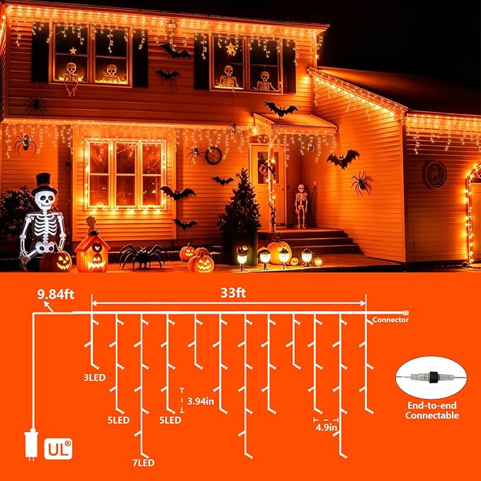 YEGUO 33ft 400 LED Orange Halloween Lights, Connetable Icicle Light Outdoor Waterproof, 8 Modes Christmas Lights Indoor Plug in for Thanksgiving House Patio Fall