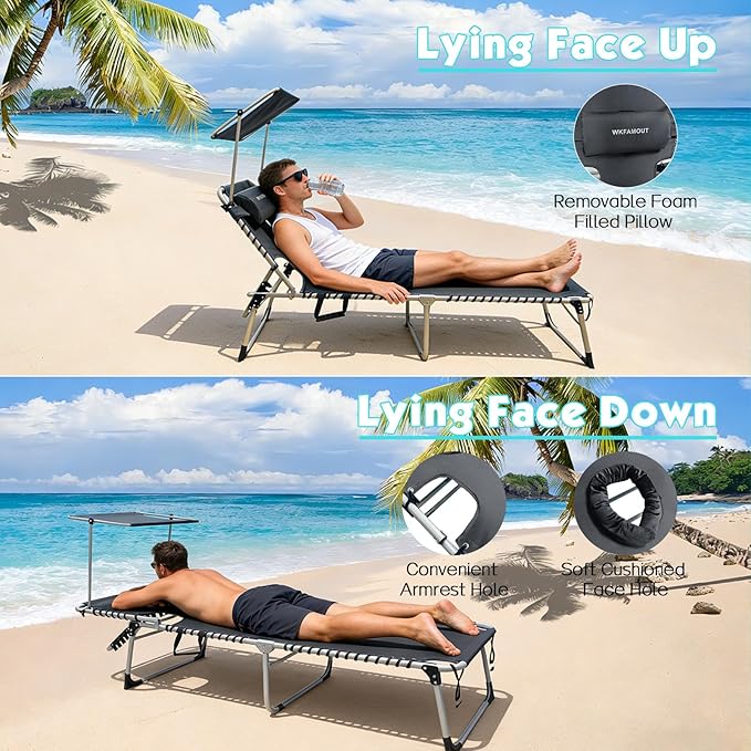 Outdoor Tanning Chair with Sun Canopy Shade & Face Hole, Folding Lounge Chair with Beach Table and Carry Bag for Poolside Sunbathing Lawn