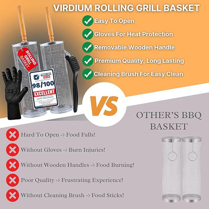 Rolling Grill Basket Fathers Day Gifts For Dad Removable Wooden Handle 304 Stainless Steel Nesting Smoker Net BBQ Grilling Accessories Tools Kebab Fish Vegetable Steamer Basket Camping Cooking Outdoor Kitchen Food Rotisserie Barbeque Cooking Grilling G...