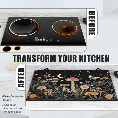 Mystery Mushroom Glass Top Stove Cover Protector,Starry Sky Night Heat Resistant Stove Top Cover, Large Size Range Covers for Electric Stove Countertop Mat, 28 x 20 Inch