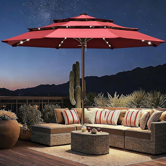 EliteShade USA 10-Year-Non-Fading 10ft 3-Tier Market Patio Umbrella, Commercial Table Umbrella with 80 Solar LED Lights, Crank Open, Windproof & UPF 50+ UV Protection for Garden, Deck, Pool, Backyard, No Tilt, Burgundy