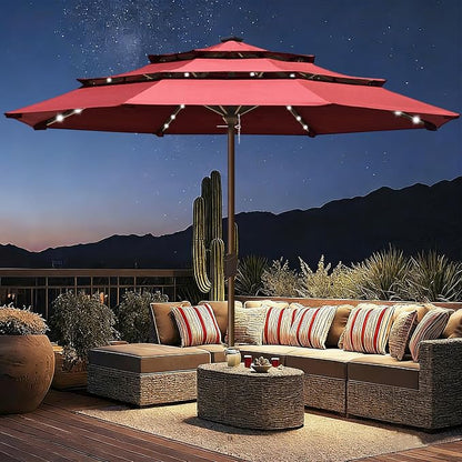 EliteShade USA 10-Year-Non-Fading 10ft 3-Tier Market Patio Umbrella, Commercial Table Umbrella with 80 Solar LED Lights, Crank Open, Windproof & UPF 50+ UV Protection for Garden, Deck, Pool, Backyard, No Tilt, Burgundy