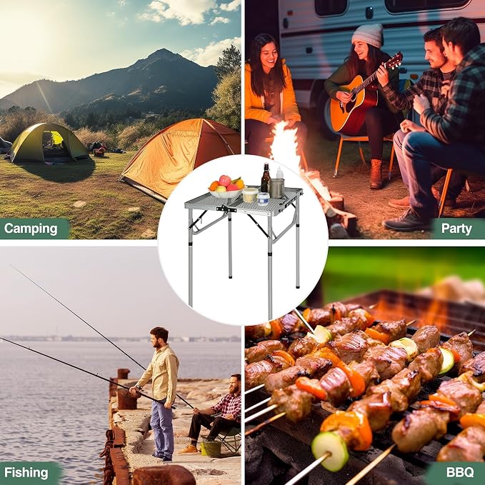 Portable Grill Table for Outside, Aluminum Folding Grill Stand Table for Outdoor Camping Picnic BBQ, Lightweight Adjustable Height, 24"x24"x9.8"/27" Sliver